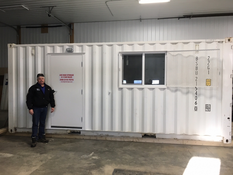 barry from ace high storage with a c-can that has been converted into a portable office c-can