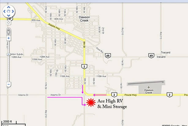 google map of dawson creek showing directions to ace high storage